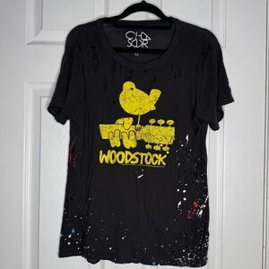 CHASER Black Woodstock Distressed Paint Splatter Band Tee Size Medium Hippie